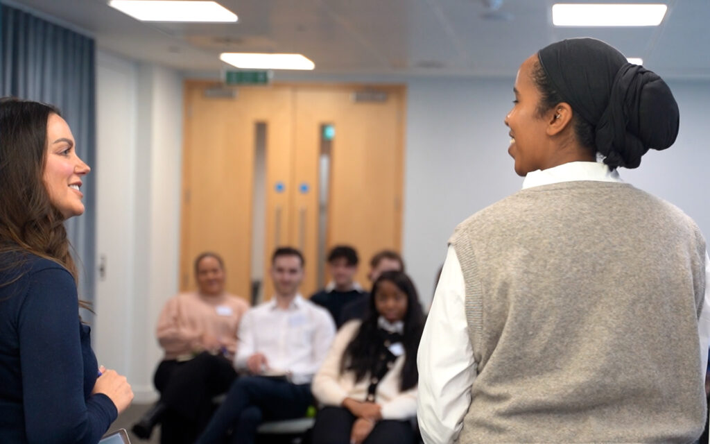 Flourish MD Sarah Skelton talks to a candidate in a group interview